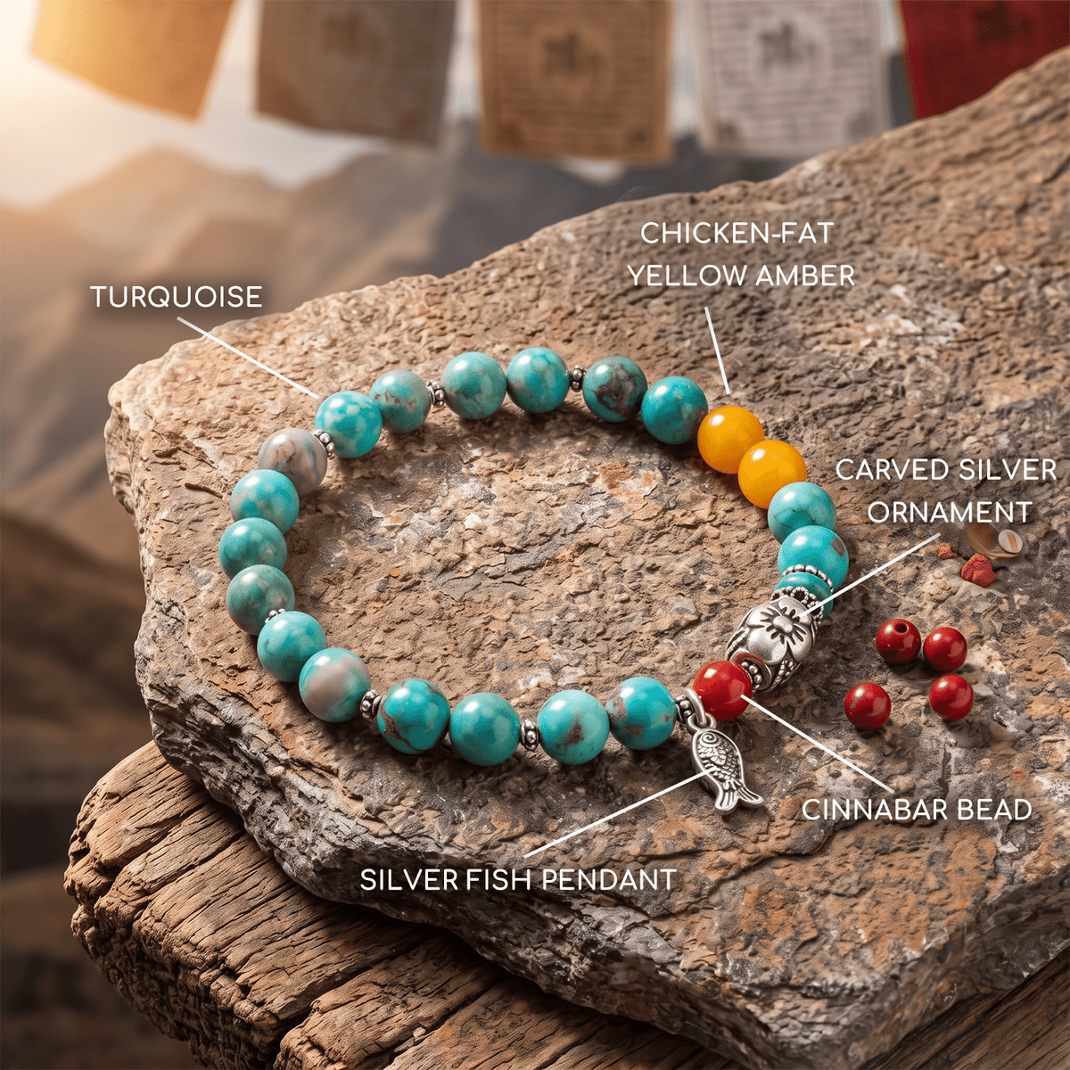 Turquoise bracelet with red cinnabar beads, orange amber accents, and carved silver ornaments