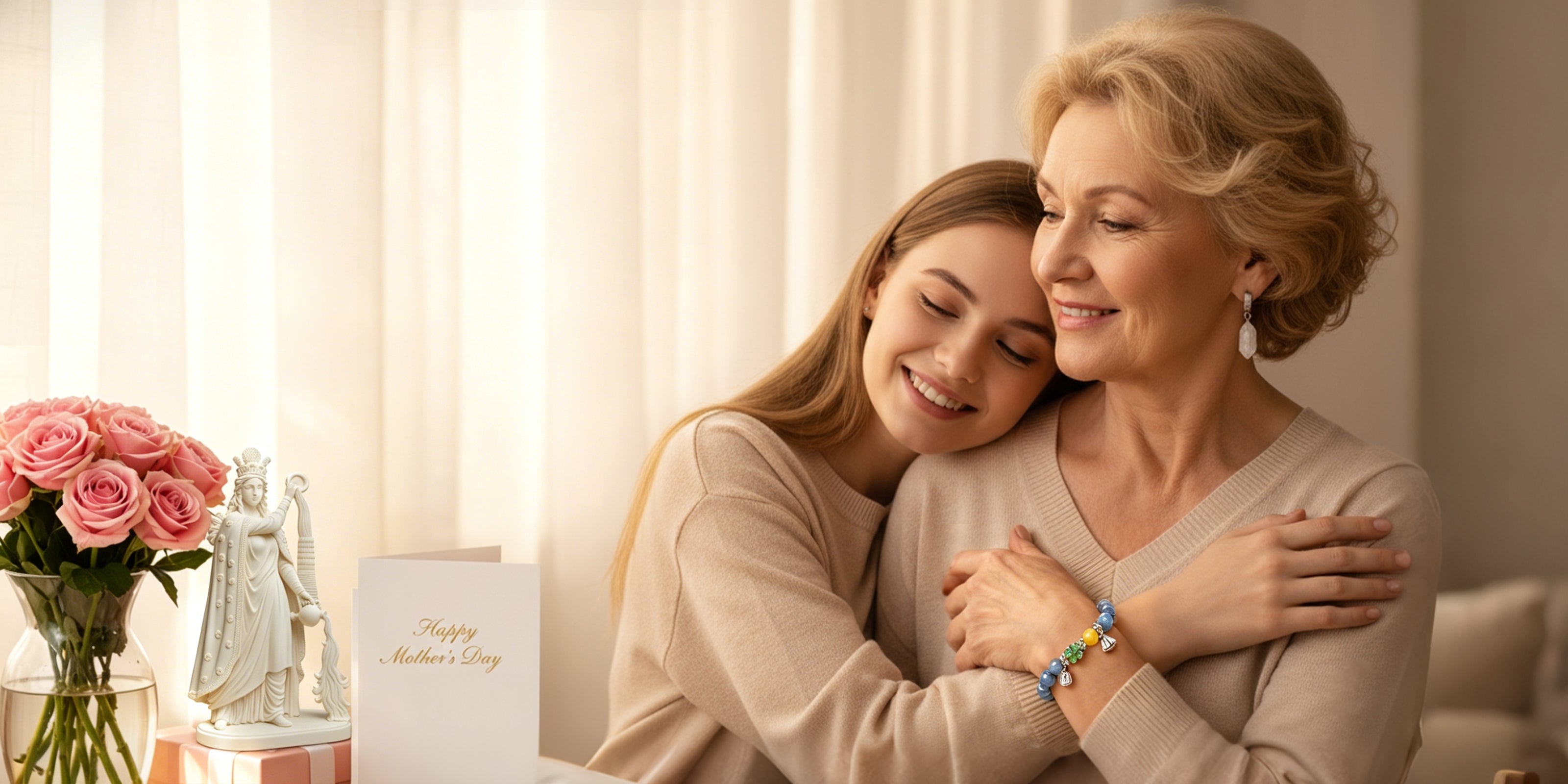 Mother and daughter embracing next to a Happy Mother's Day card, featuring an Amesha Energy blue crystal bracelet.