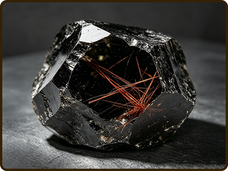 Raw Black Gold Super 7 crystal specimen with unique geometric facets and rich reddish-brown and golden hair-like inclusions, resting on a dark textured surface.