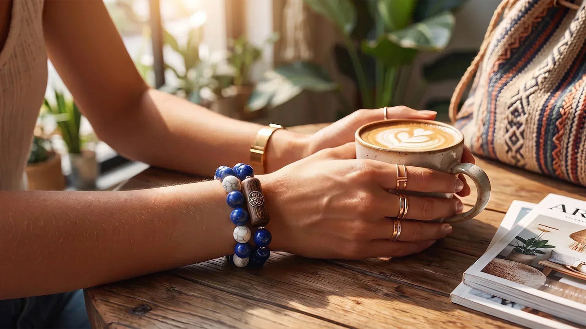 Stacking multiple crystal bracelets on one wrist with balance and intention