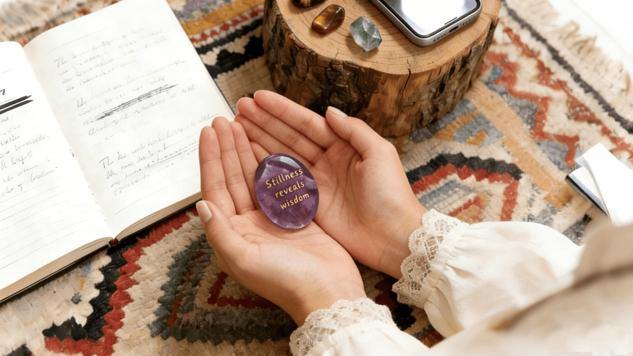 Front view of a hand-polished grey wishing stone with "Good Luck" engraved in gold lettering.