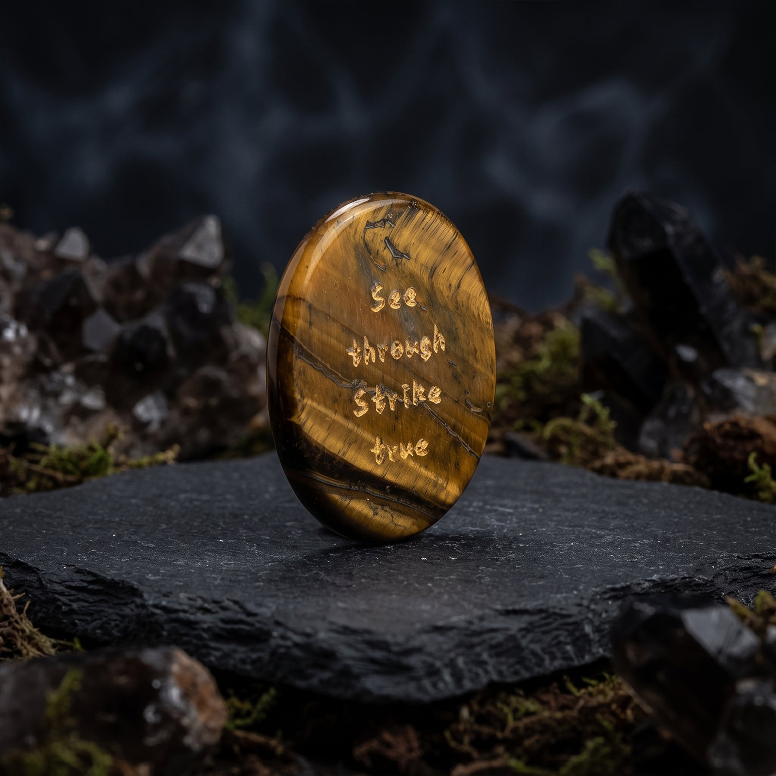 Tiger's eye oval stone with etched golden lettering on front surface