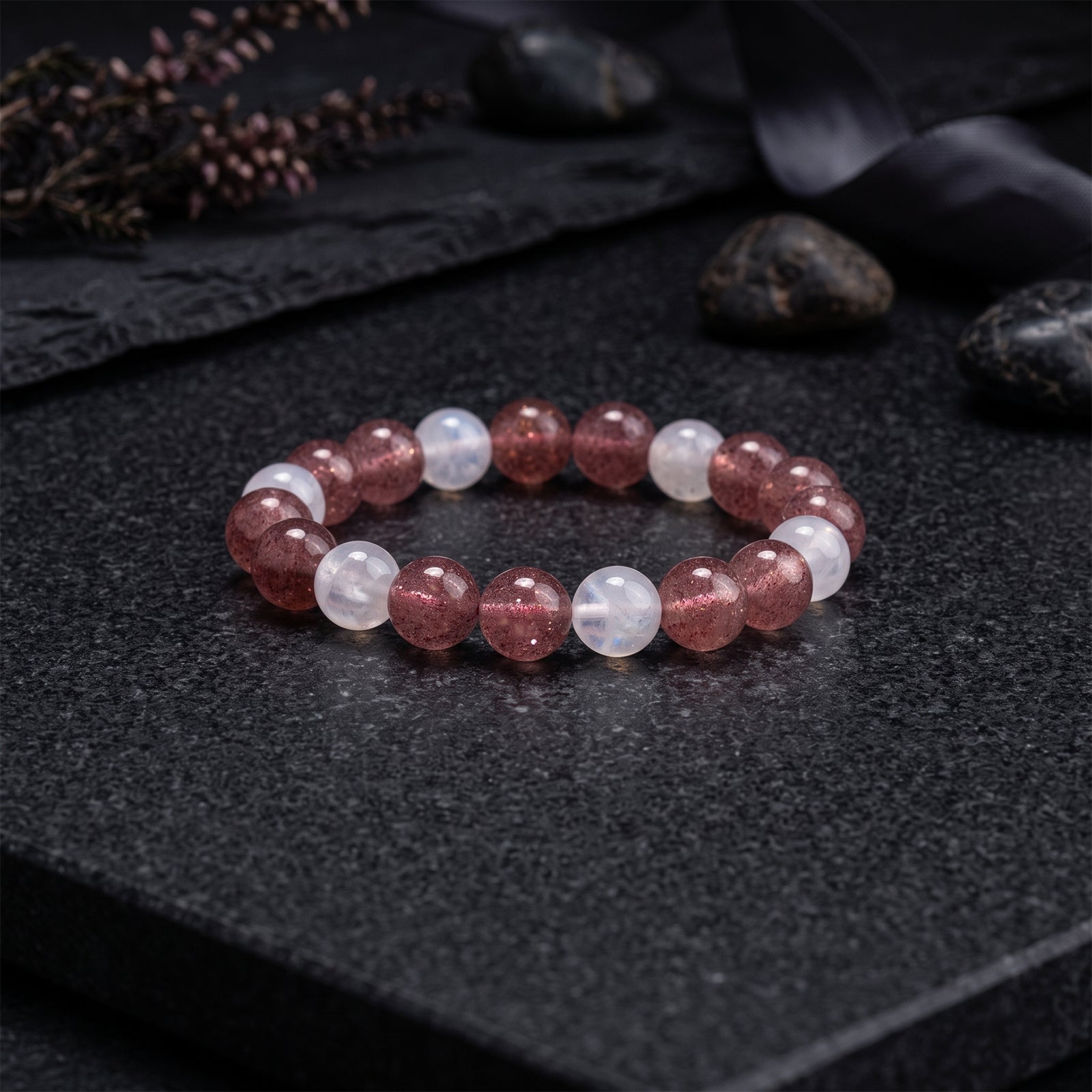Strawberry quartz love bracelet with pink and white round gemstone beads