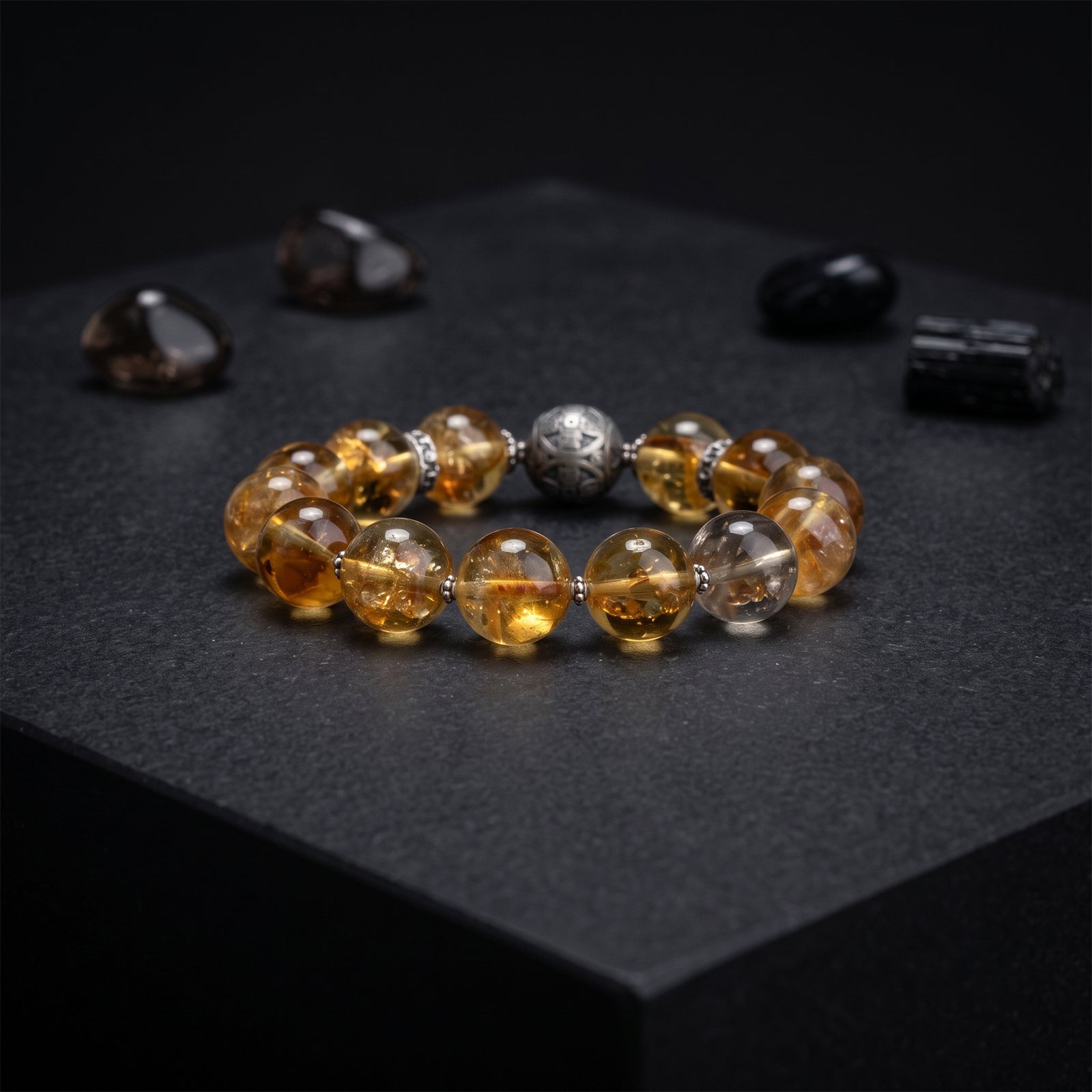 Citrine crystal bead bracelet with mixed amber, clear, and gray round stones