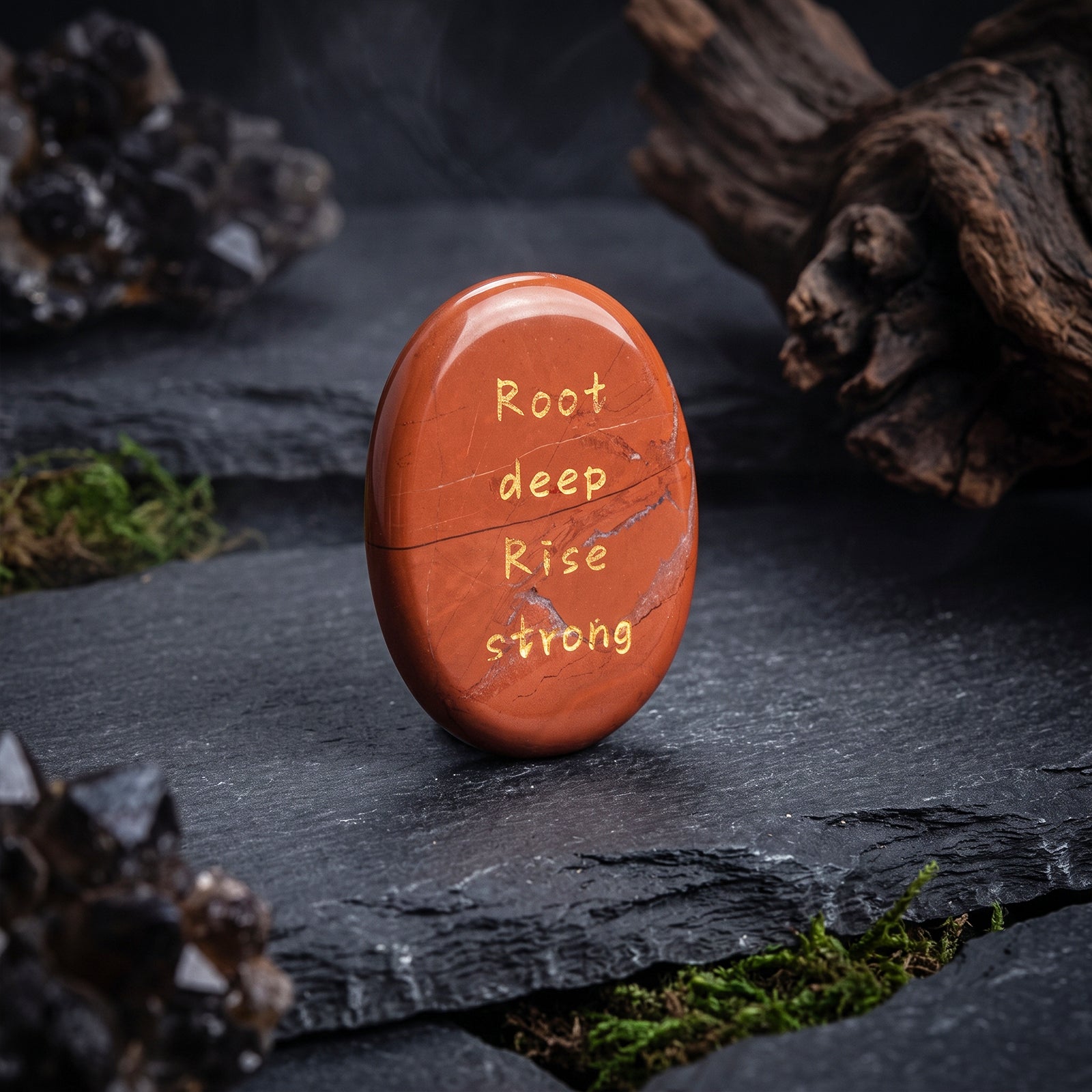 Red jasper worry stone with carved words: Root, deep, Rise, strong.
