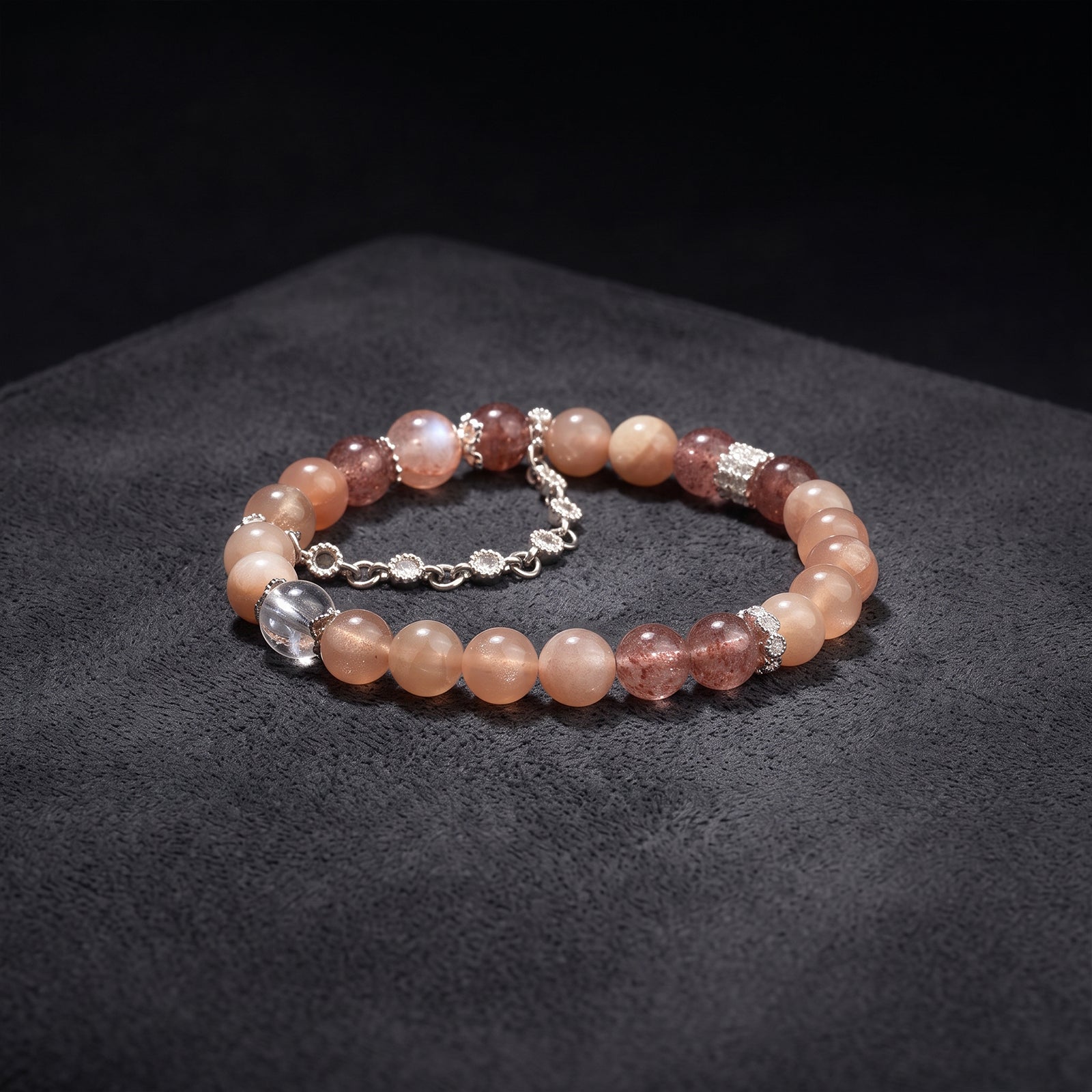 Sacral chakra crystal bracelet with peach and rose beads, silver chain and teardrop charm
