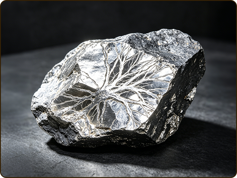 A raw silver metallic crystal specimen with intricate radial patterns resting on a dark background.