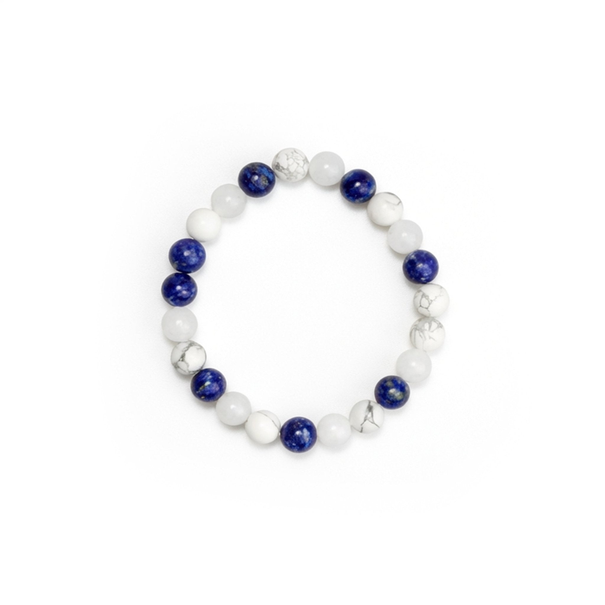 Beaded crystal bracelet with round white and dark blue stones and gray marbling