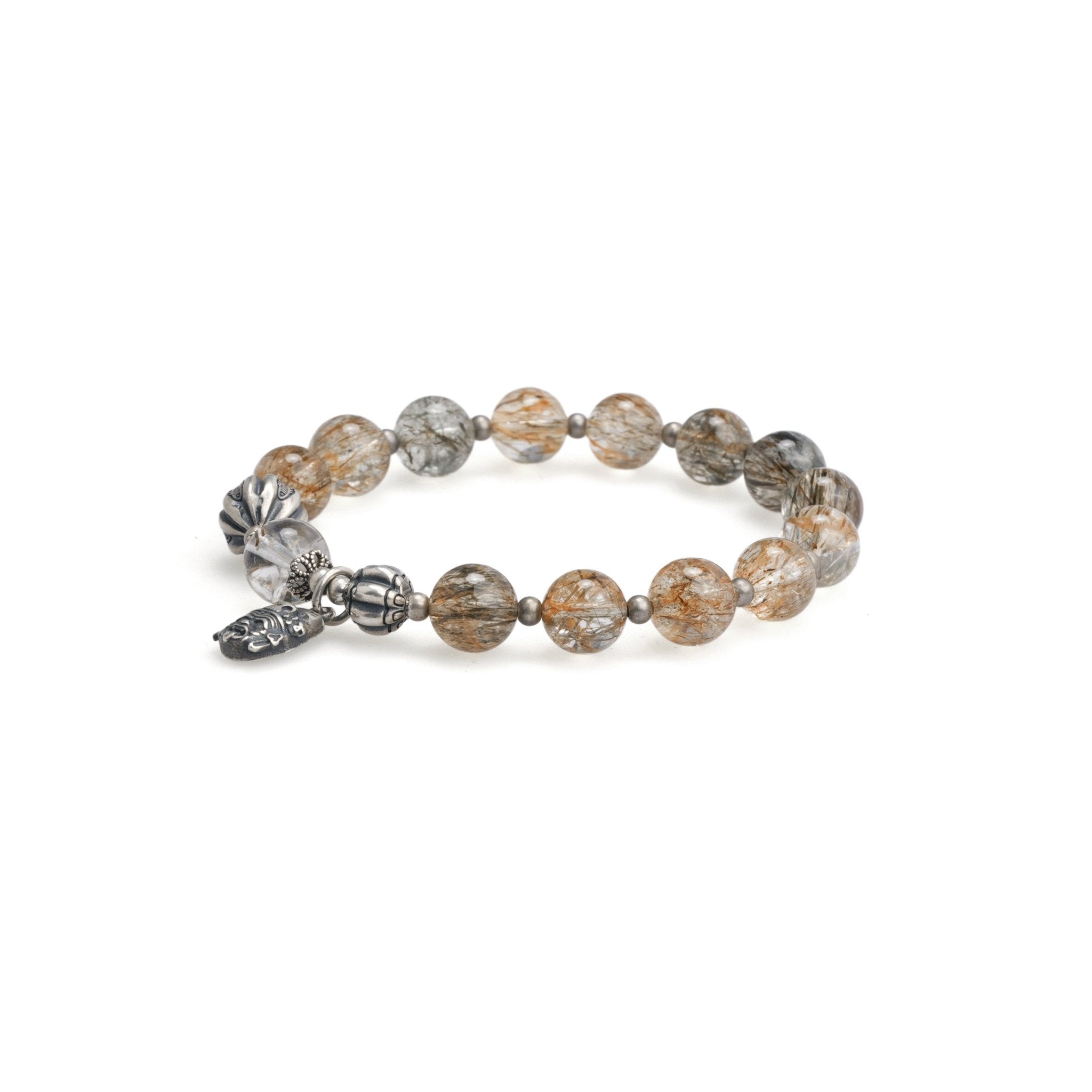Round beaded bracelet with clear-gray and tan stones and silver-tone charms