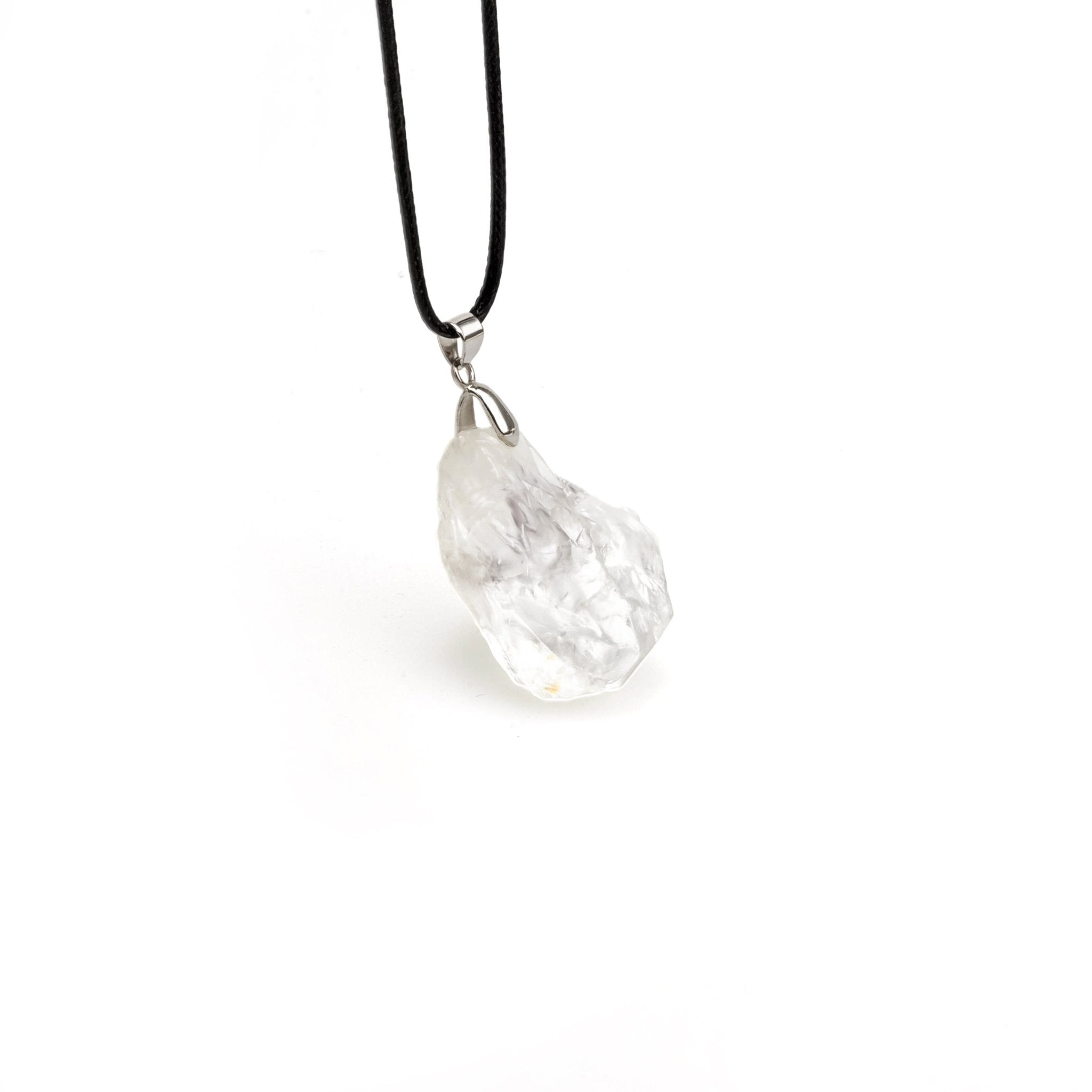Faceted clear quartz teardrop pendant on black cord with silver loop