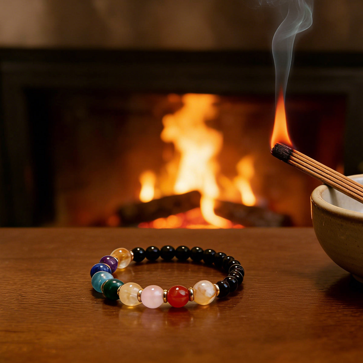 7 Chakra Aligning Healing Crystal Bracelet on a wooden table with incense smoke and a cozy fireplace background - Amesha Energy.