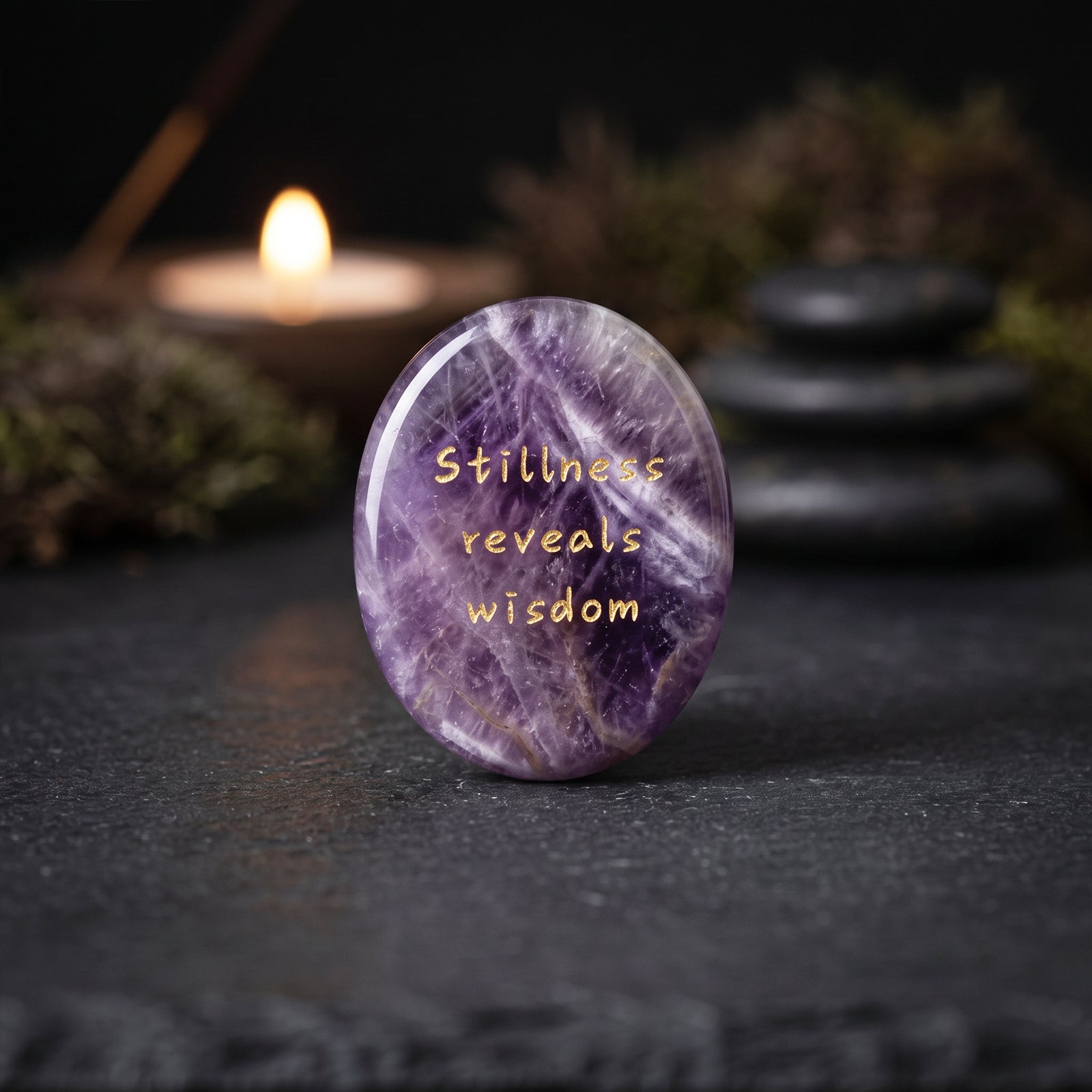 Oval amethyst stone with engraved quote: stillness reveals wisdom