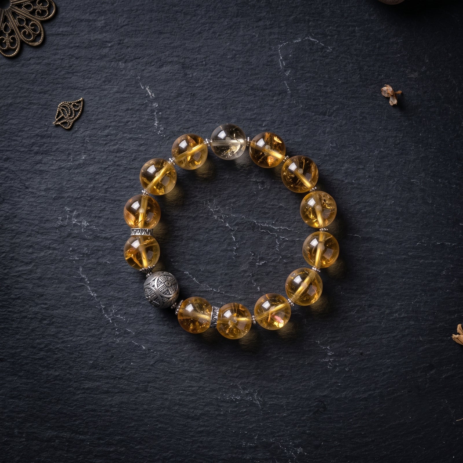 Citrine crystal bracelet, circular stack of amber and gray beads with silver accents