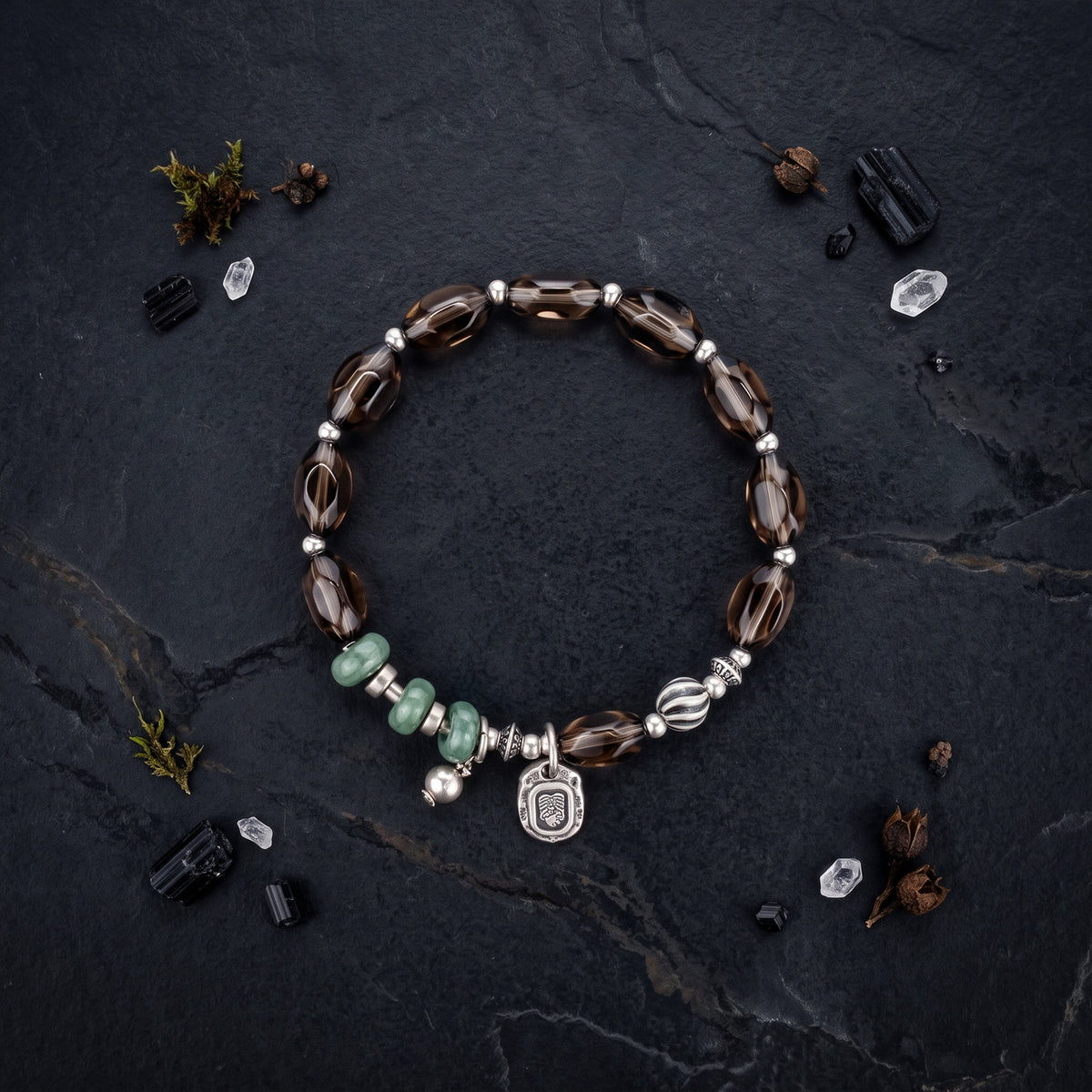 Smoky quartz and jadeite beaded bracelet with silver padlock charm and toggle clasp