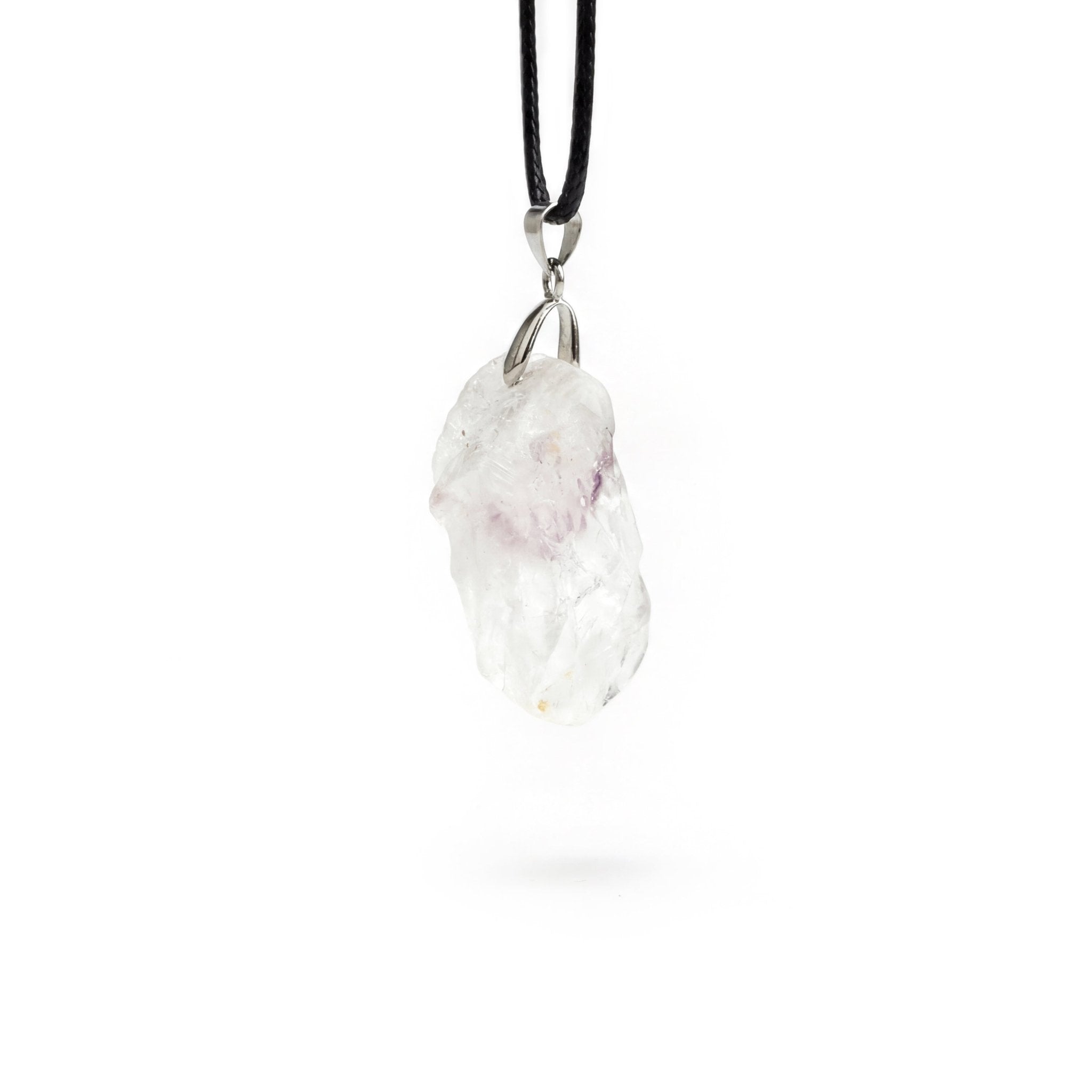 Raw clear quartz pendant on black cord with silver loop bail