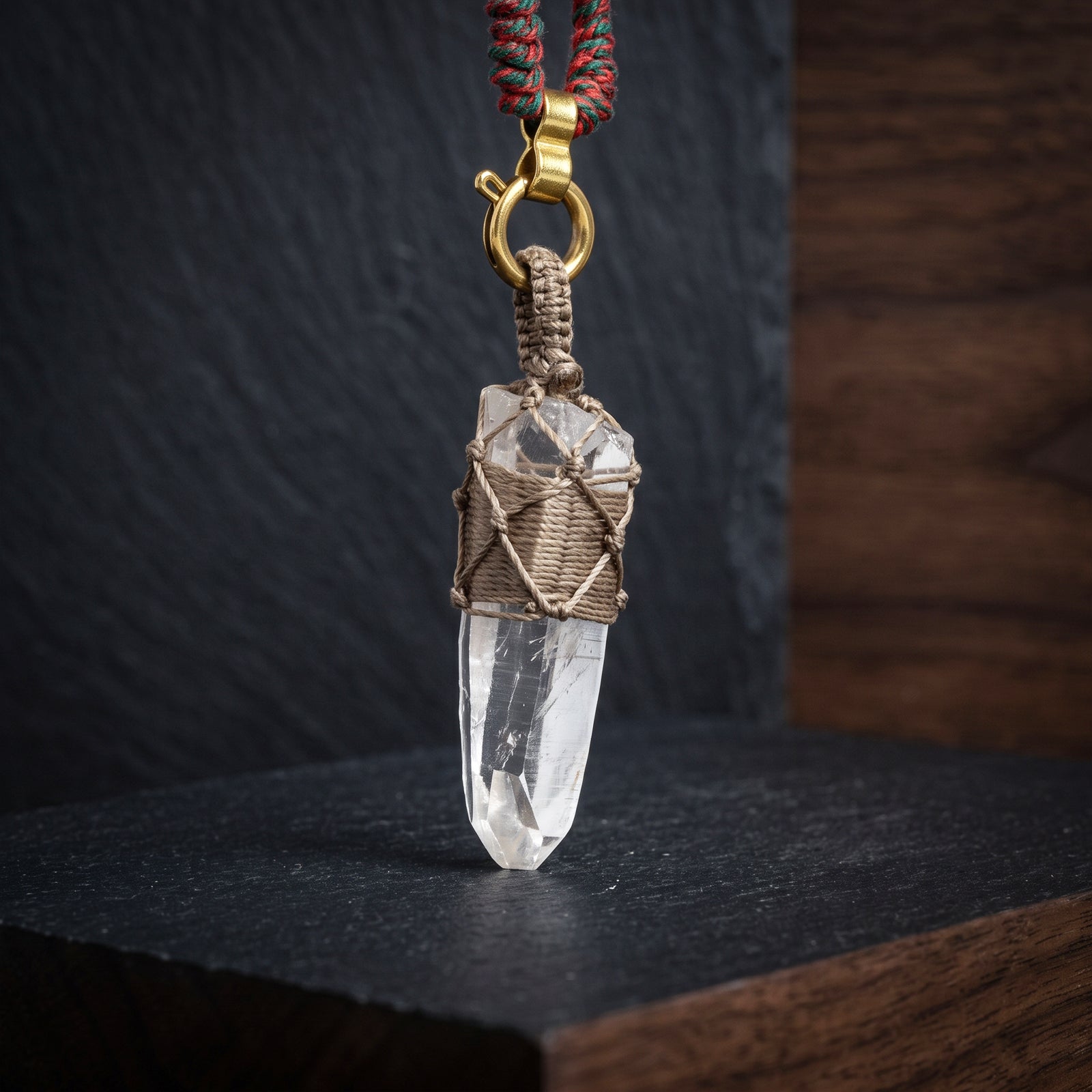 Lemurian quartz wrap pendant with clear faceted crystal and woven cord