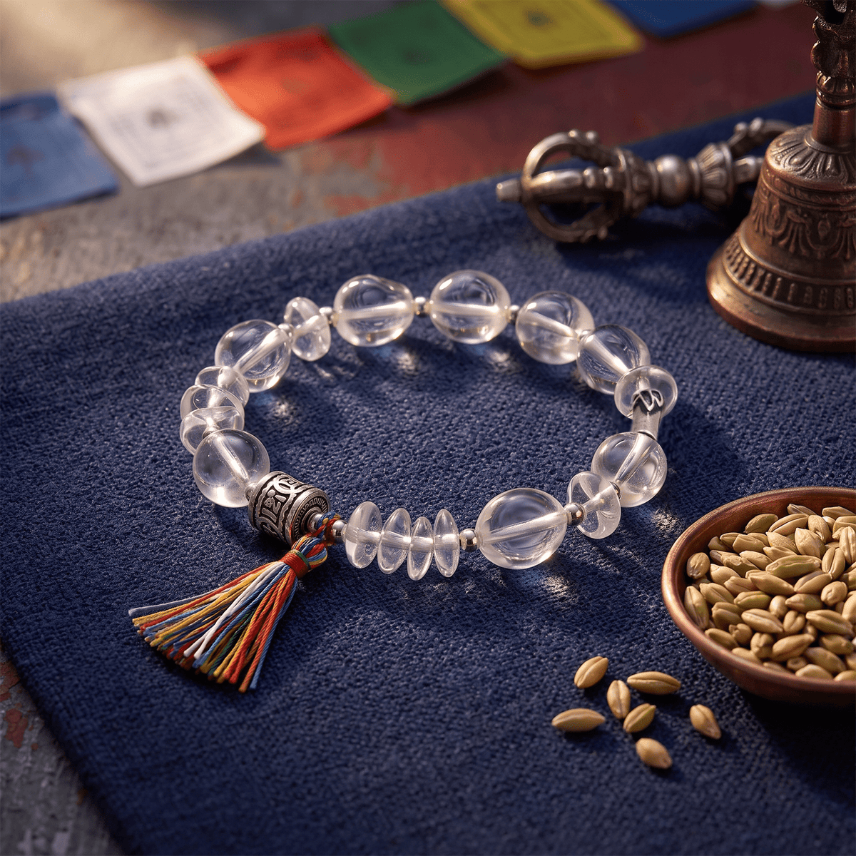 Tibetan Blessings · Clear Quartz & Tassel Bracelet