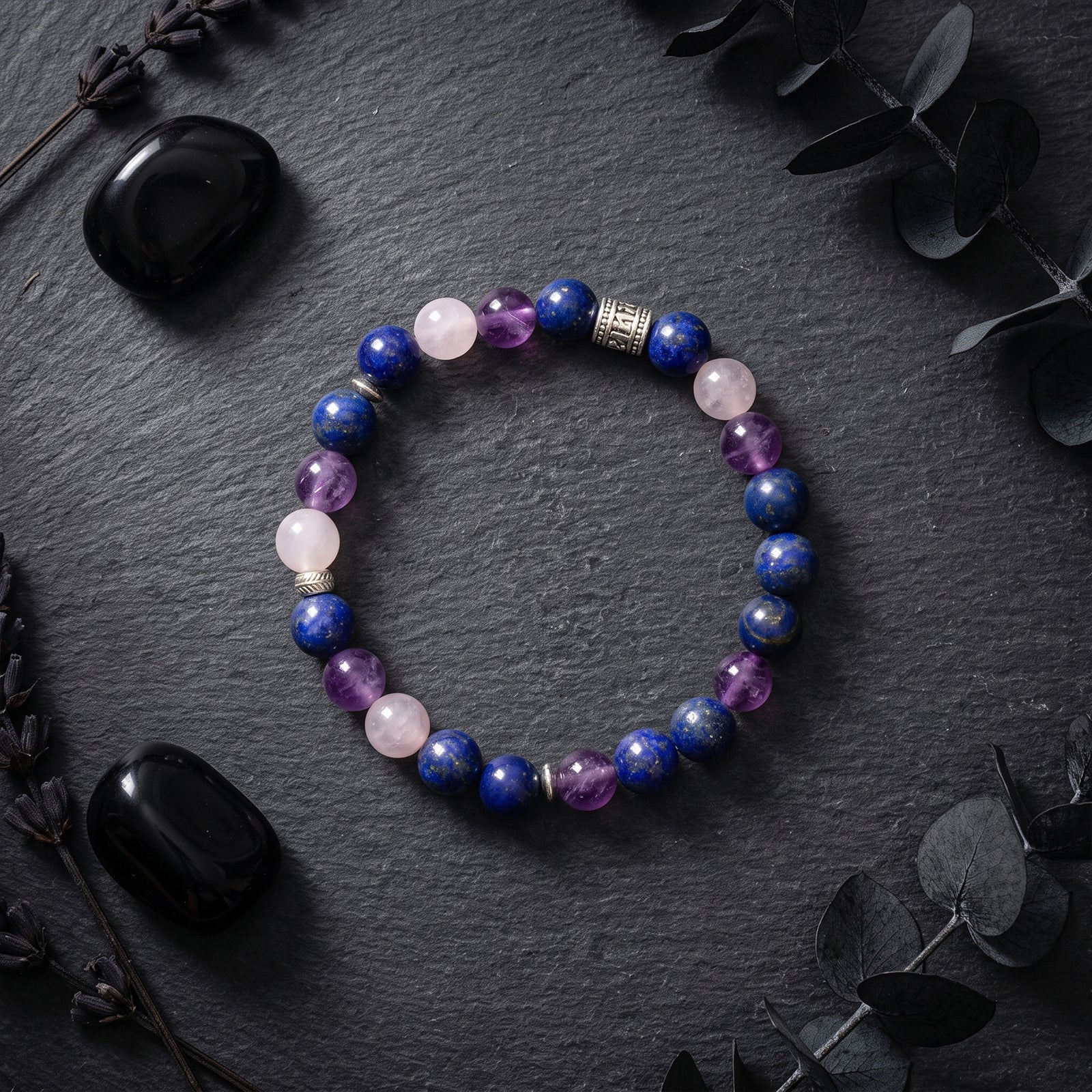 Ajna chakra clarity beaded crystal bracelet with blue, purple, and pink round stones