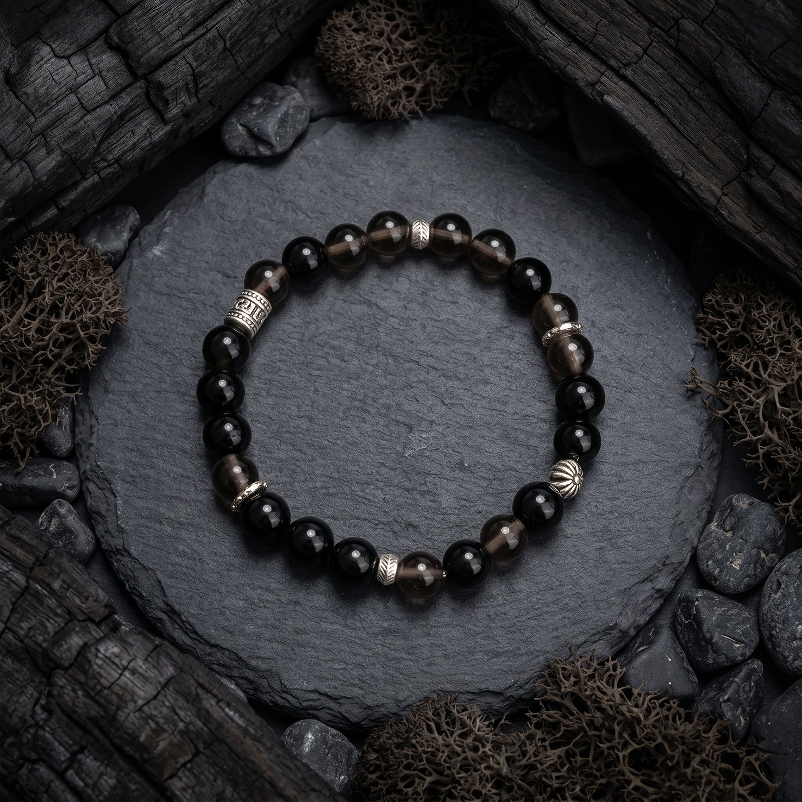 Beaded crystal bracelet with dark smoky beads and silver-tone spacers