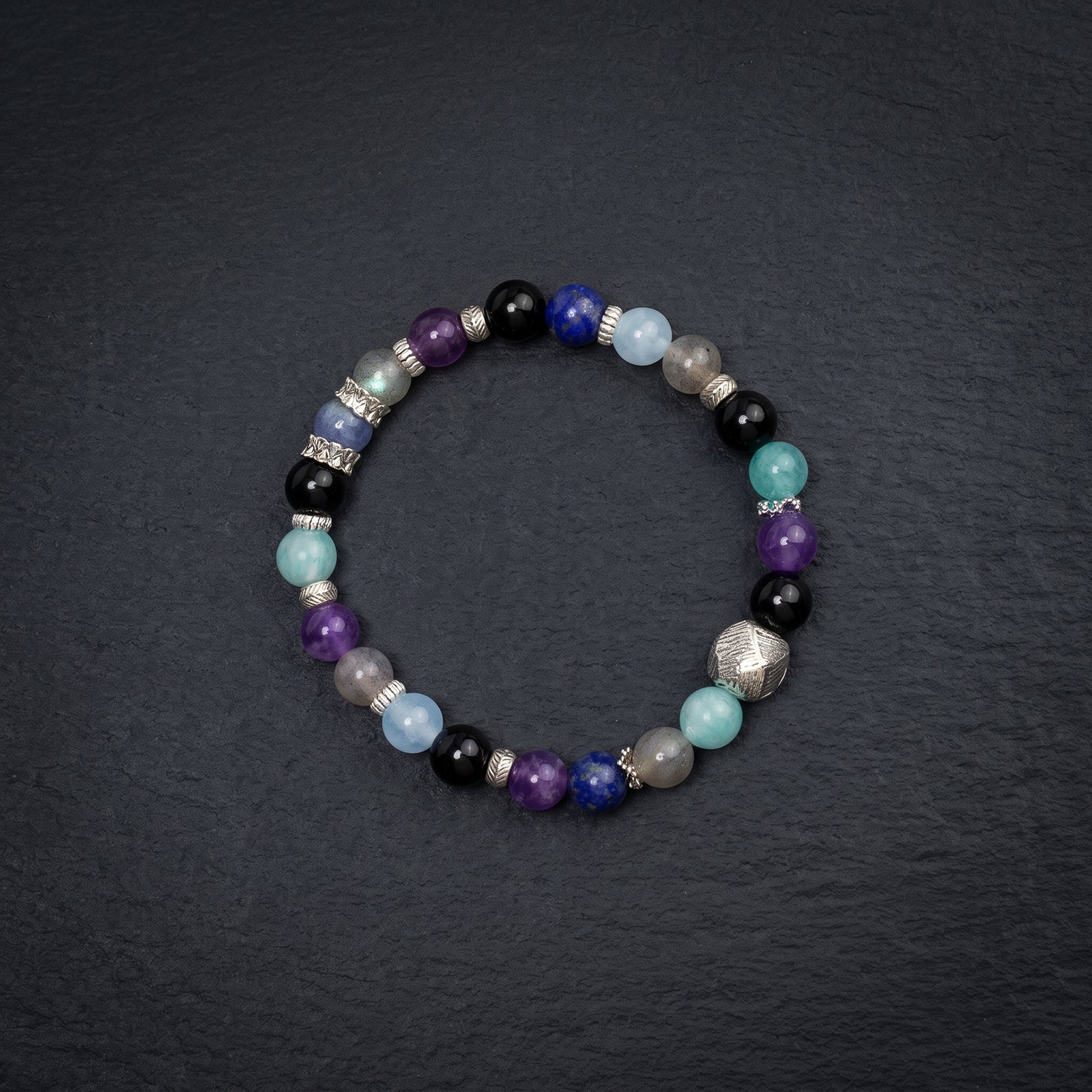 Multicolor 7-chakra healing crystal bracelet with silver heart charm and round gemstone beads