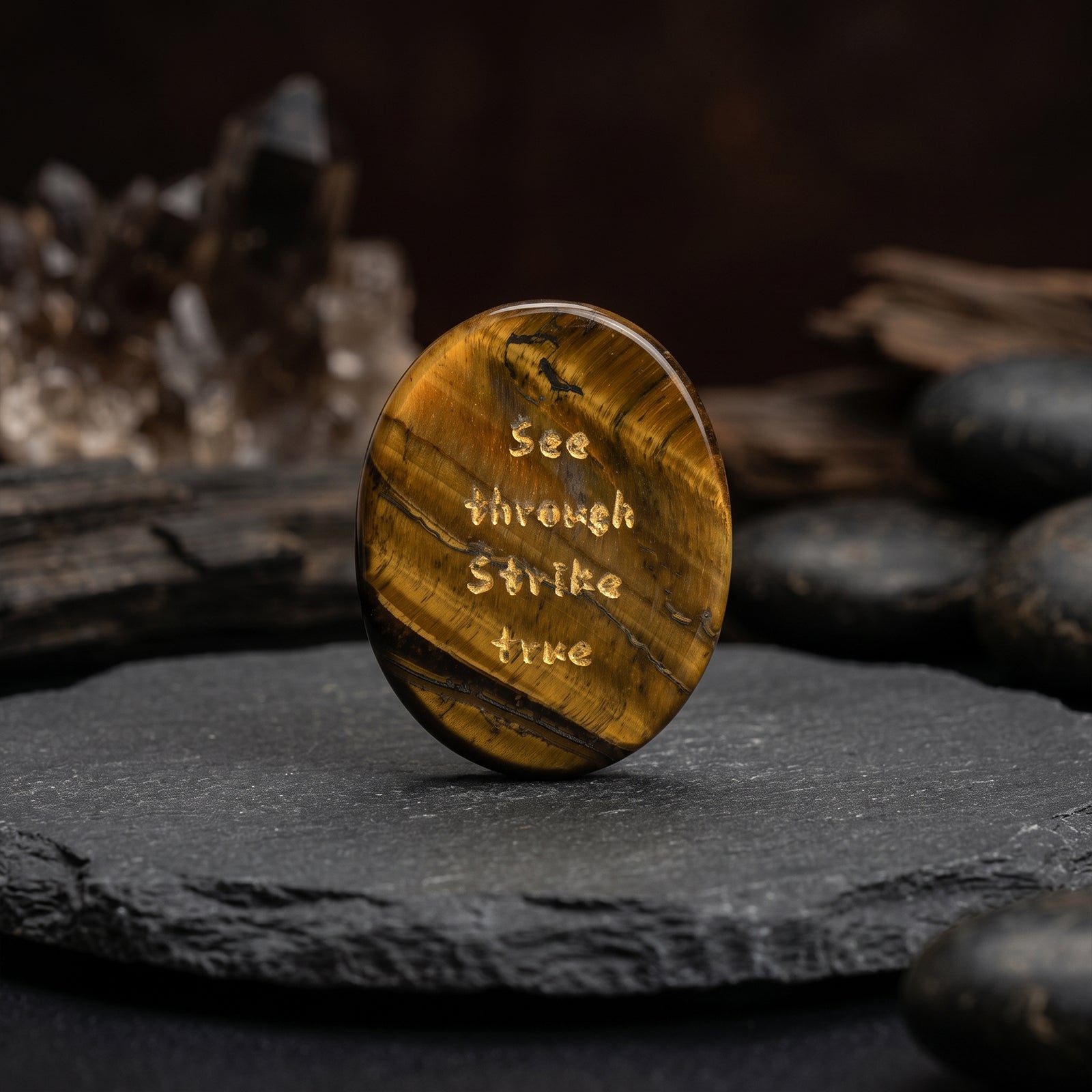 Tiger's eye oval stone with etched golden text on curved side