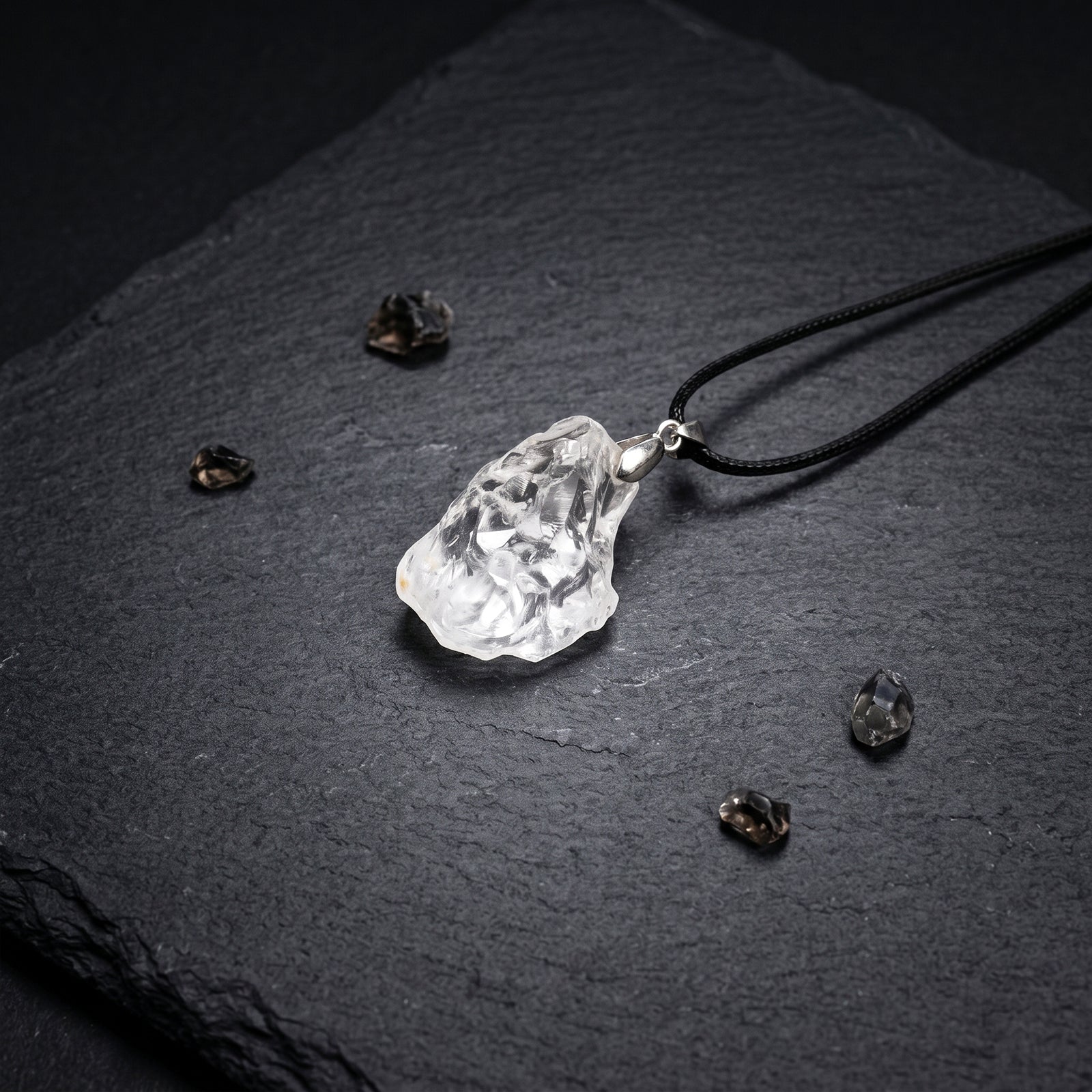 Clear quartz raw pendant with silver bail on black cord necklace