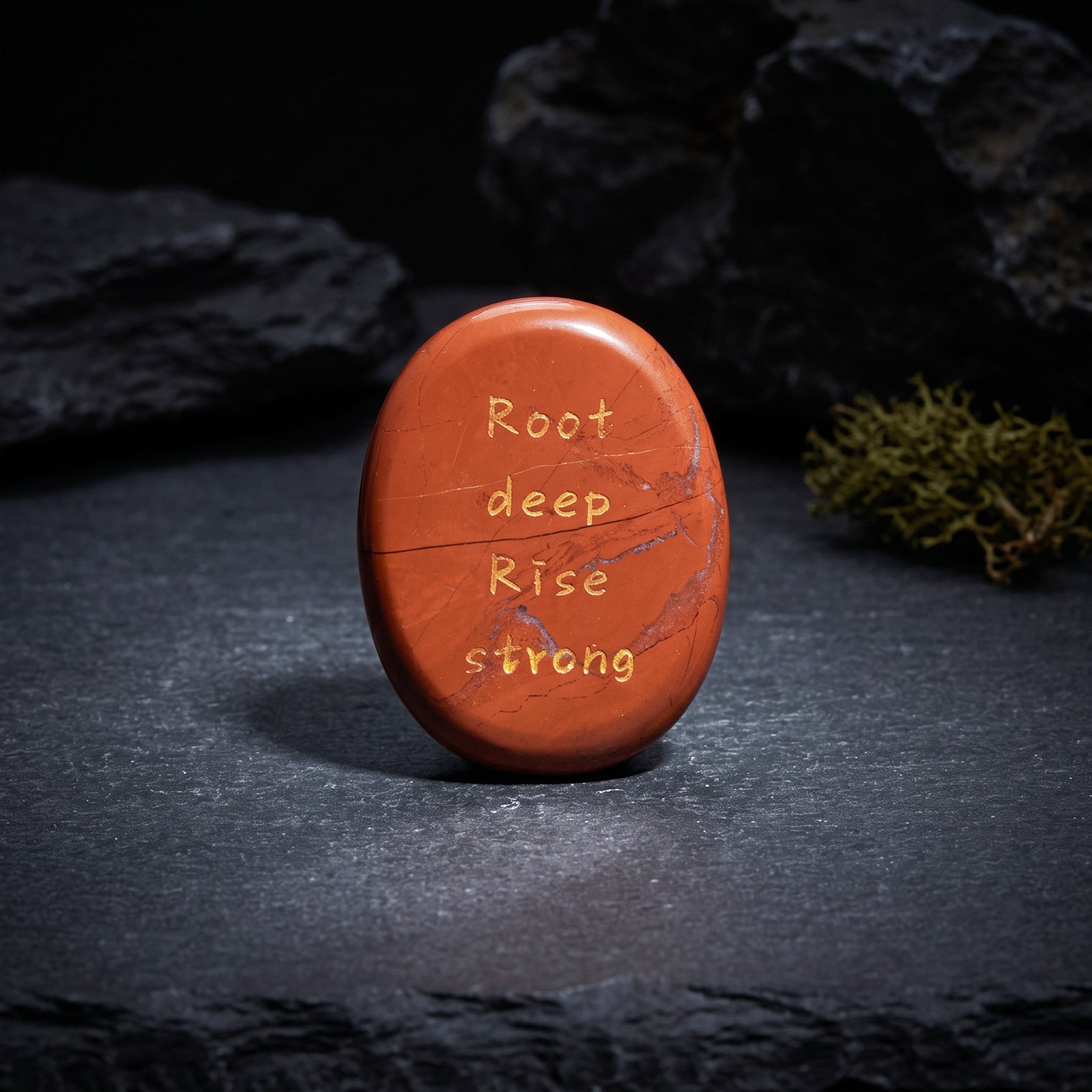 Oval red jasper stone with engraved text: Root deep Rise strong.