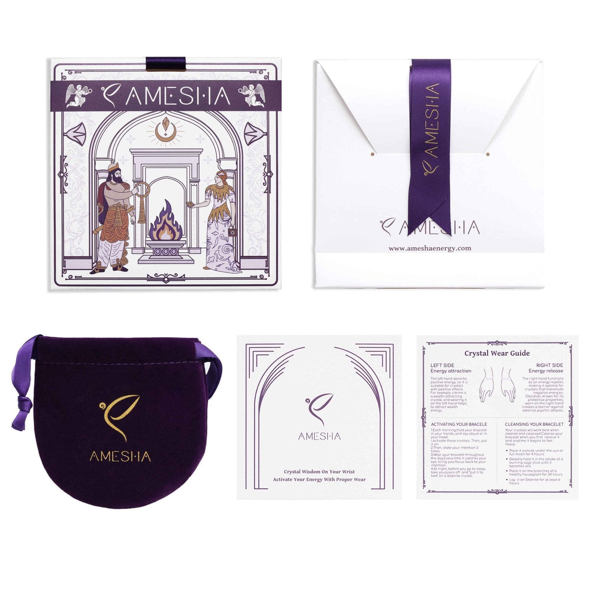 Velvet drawstring pouch with AMESIA logo, plus Crystal Guide instruction cards
