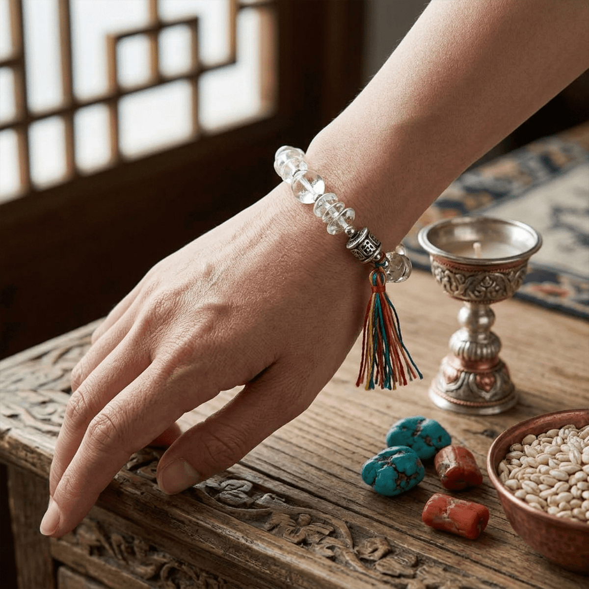 Clear quartz bead bracelet on wrist with multicolor tassel and Tibetan silver charm