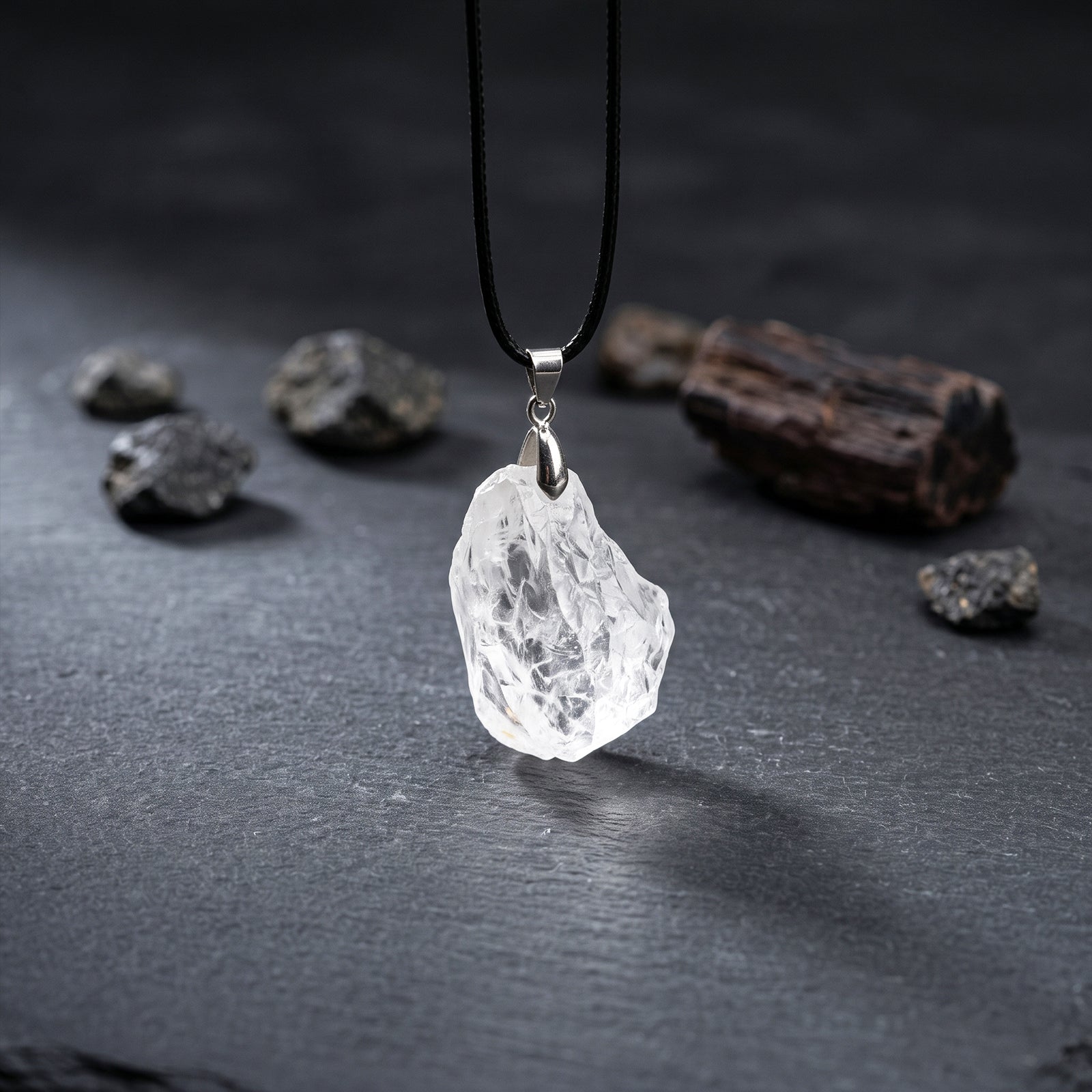 Raw clear quartz pendant hanging on black cord with silver bail