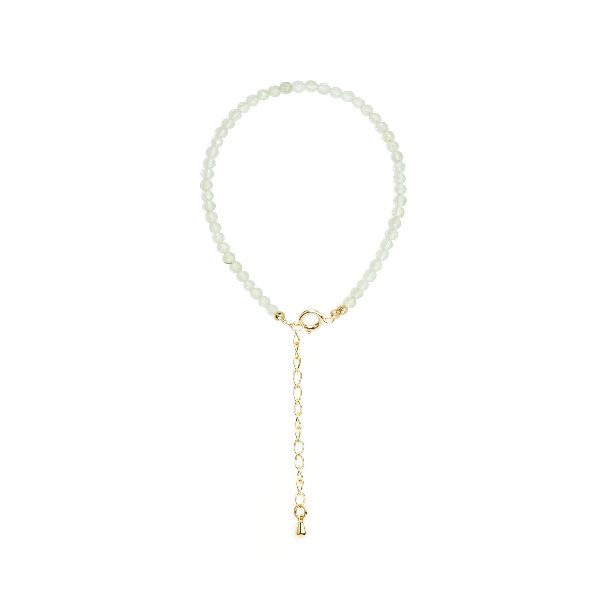 Aqua crystal beaded bracelet with gold clasp and long chain with tiny hanging charm