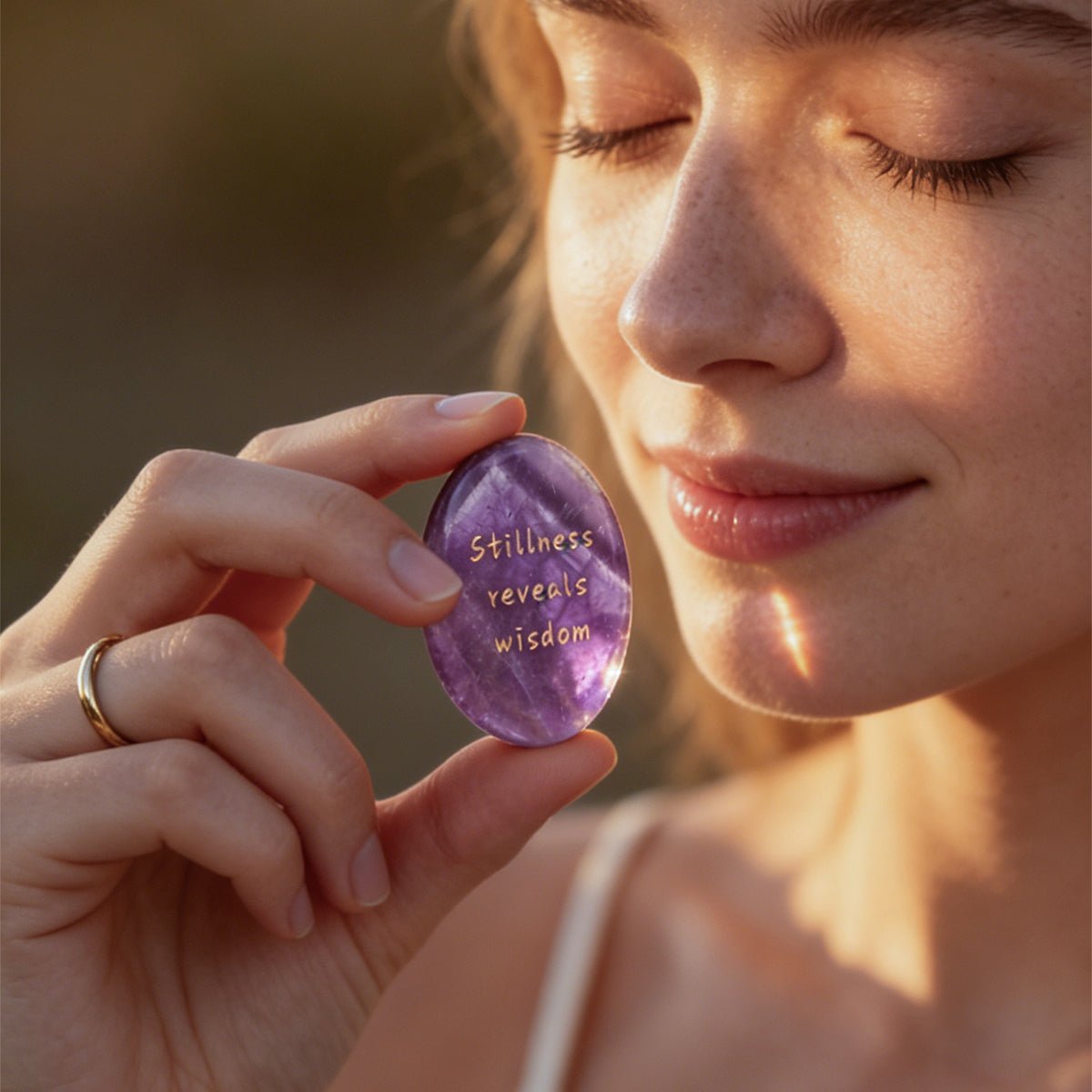 Amethyst oval stone held near face, gold 'Stillness reveals wisdom' inscription