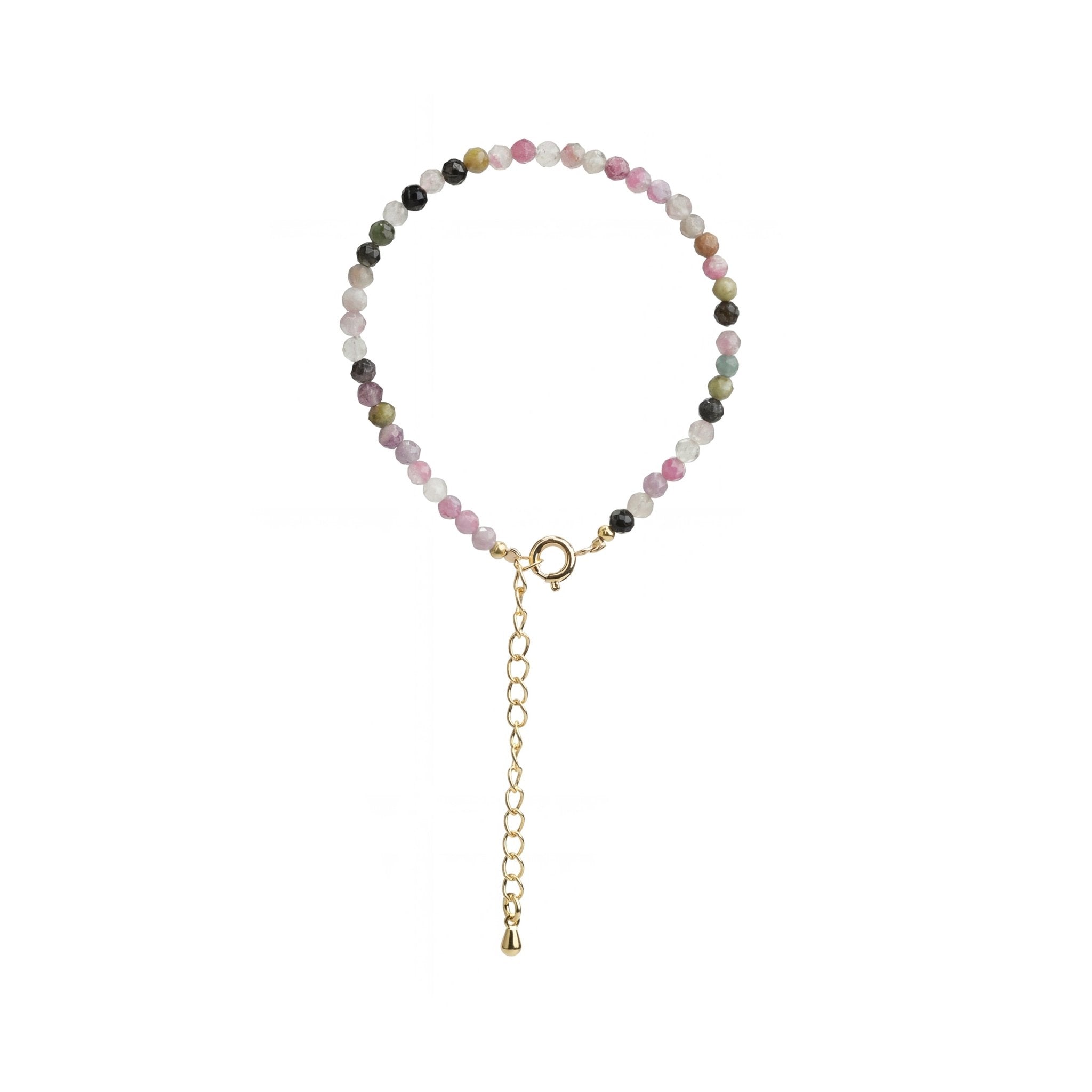 Rainbow tourmaline crystal bracelet with gold clasp and dangling chain charm