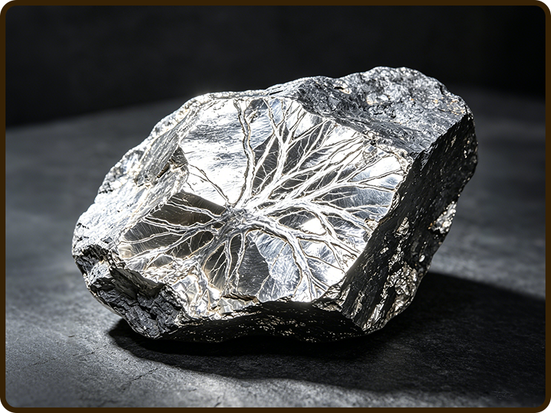 Raw silver metallic crystal specimen with intricate radial patterns resting on a dark textured background.