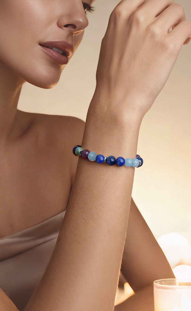 Closeup of wrist wearing Amesha Energy Solar Plexus Chakra Bracelet - Yellow and black beads for boosting confidence