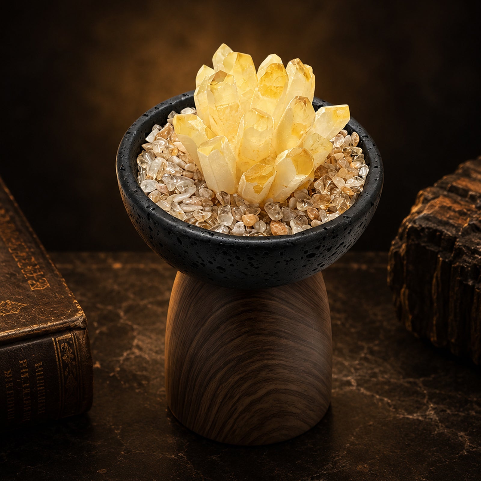 Yellow crystal cluster aroma pot with black bowl and wooden base