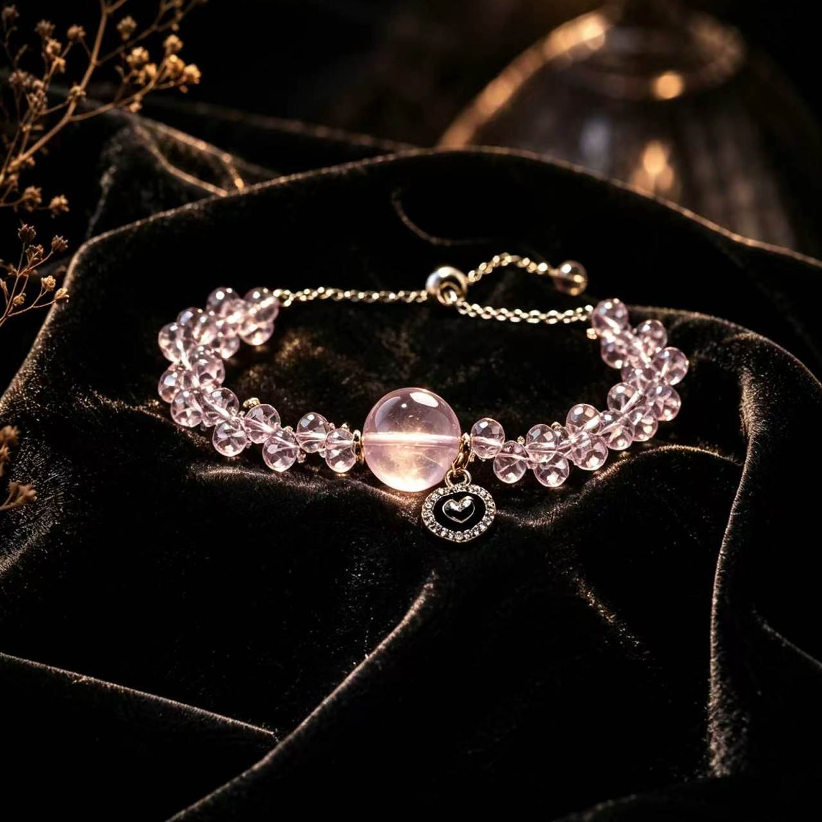 Lavender-pink crystal beaded bracelet with round pink stone and Luna-eye charm