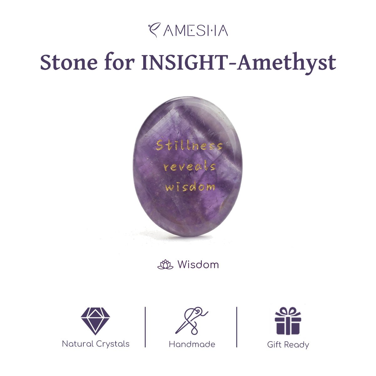 Amethyst stone product card with 'Stone for INSIGHT-Amethyst' and 'Wisdom' label