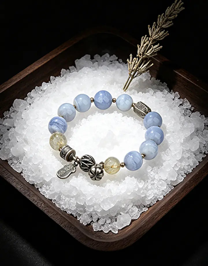 Handmade Blue Lace Agate energy bracelet for calming, communication, and spiritual healing, featuring authentic gemstone beads.