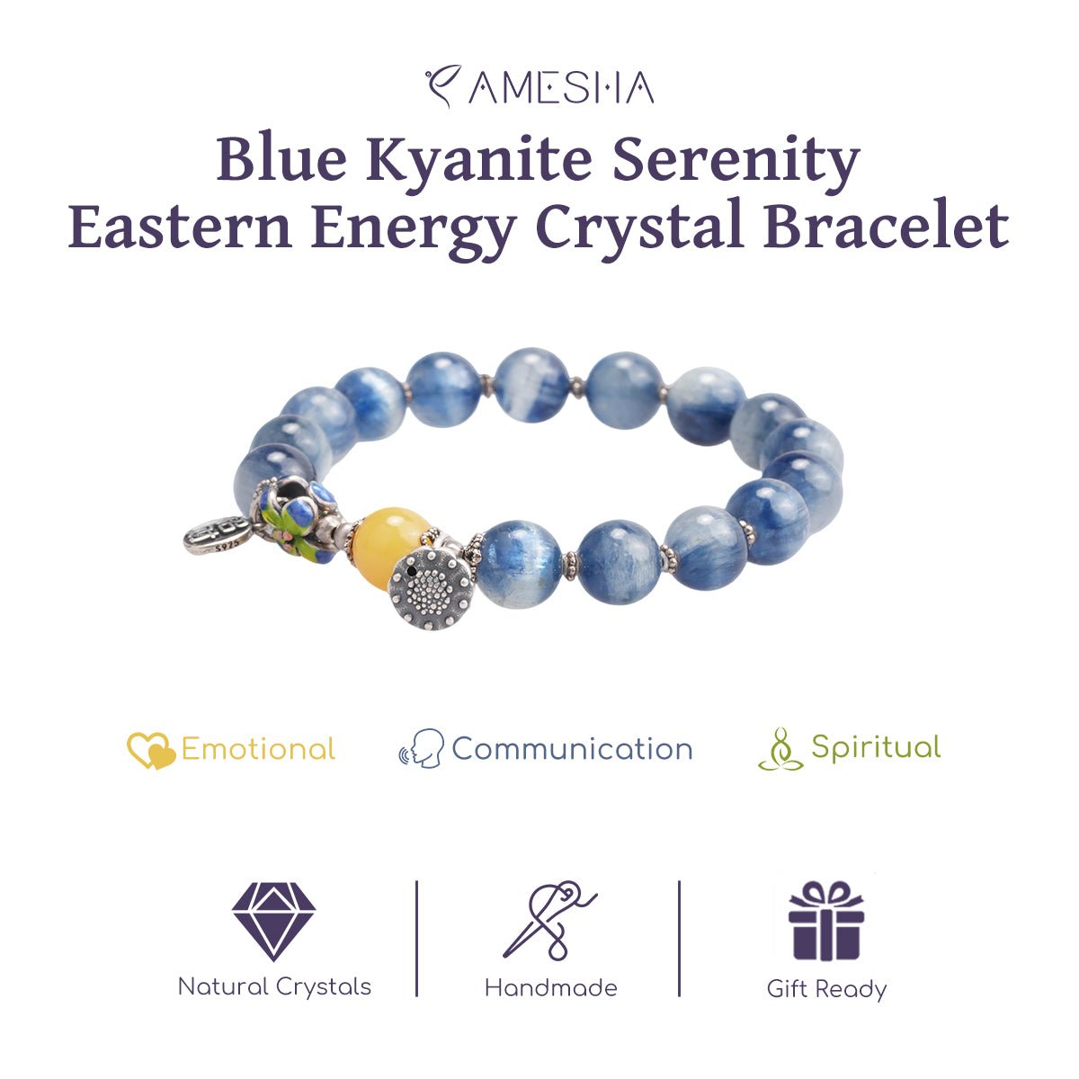 Beaded crystal bracelet with blue stones, yellow accent bead, and silver charm pendants