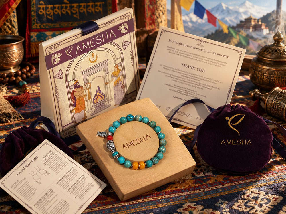 Amesha Gift Box, Velvet Pouch and Care Cards with the Mountain Blessings Bracelet