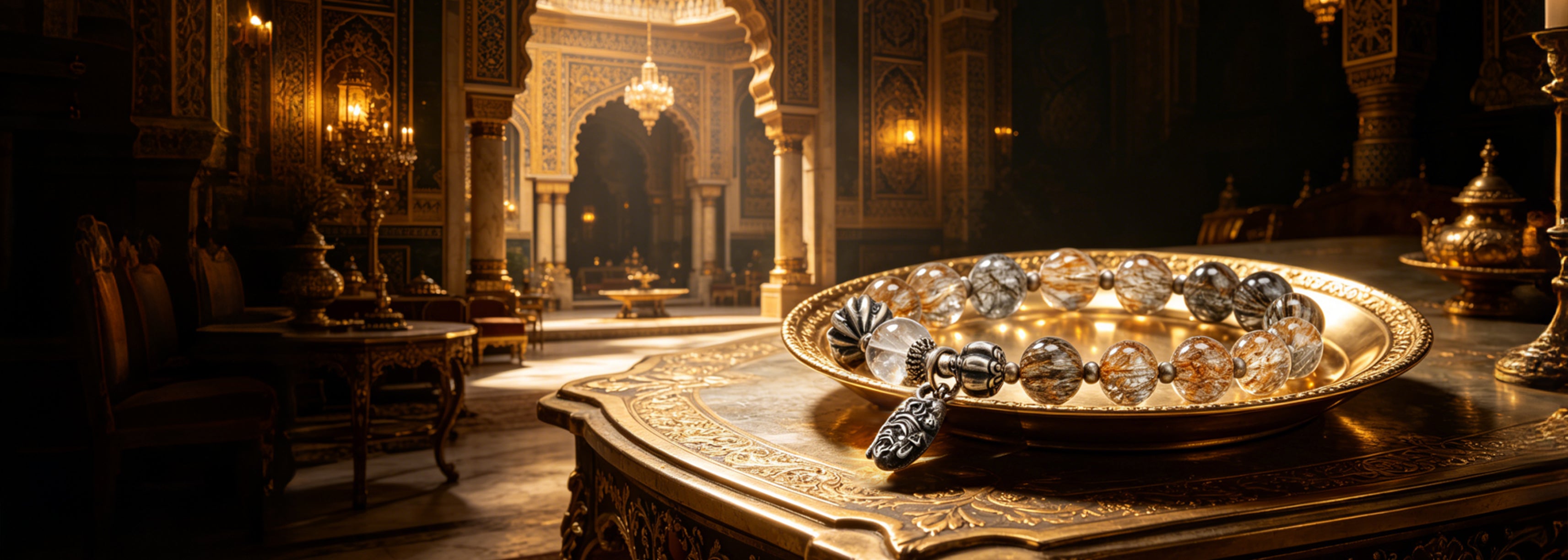 Black Gold Super 7 Auspicious Beast crystal bracelet on an ornate golden tray, set against a warm-lit classical palace interior.