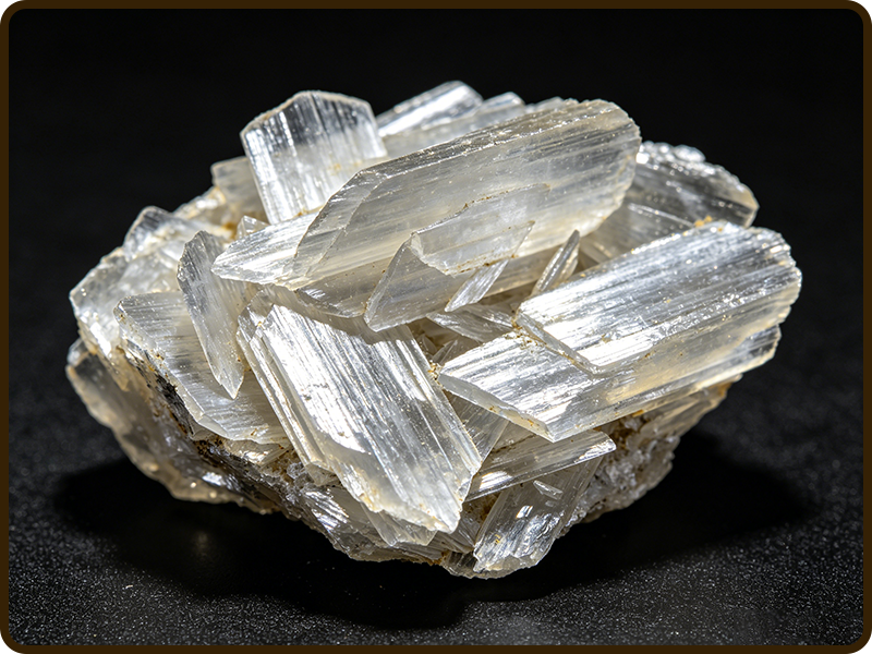 Raw transparent layered crystal specimen on a dark background