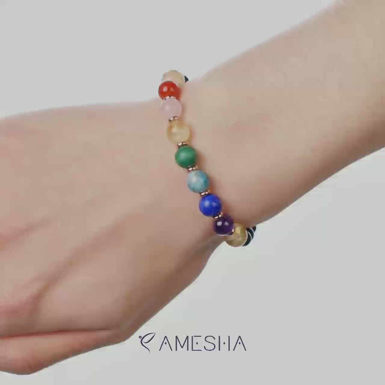 Detailed showcase of Amesha Energy 7 Chakra Balancing Crystal Bracelet for spiritual healing and energy alignment
