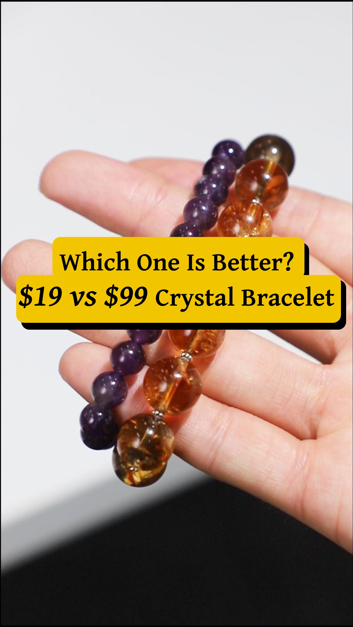 Close-up video featuring two crystal bracelets on a white surface, with text overlay stating ‘Most people look at a crystal bracelet and only see the price.