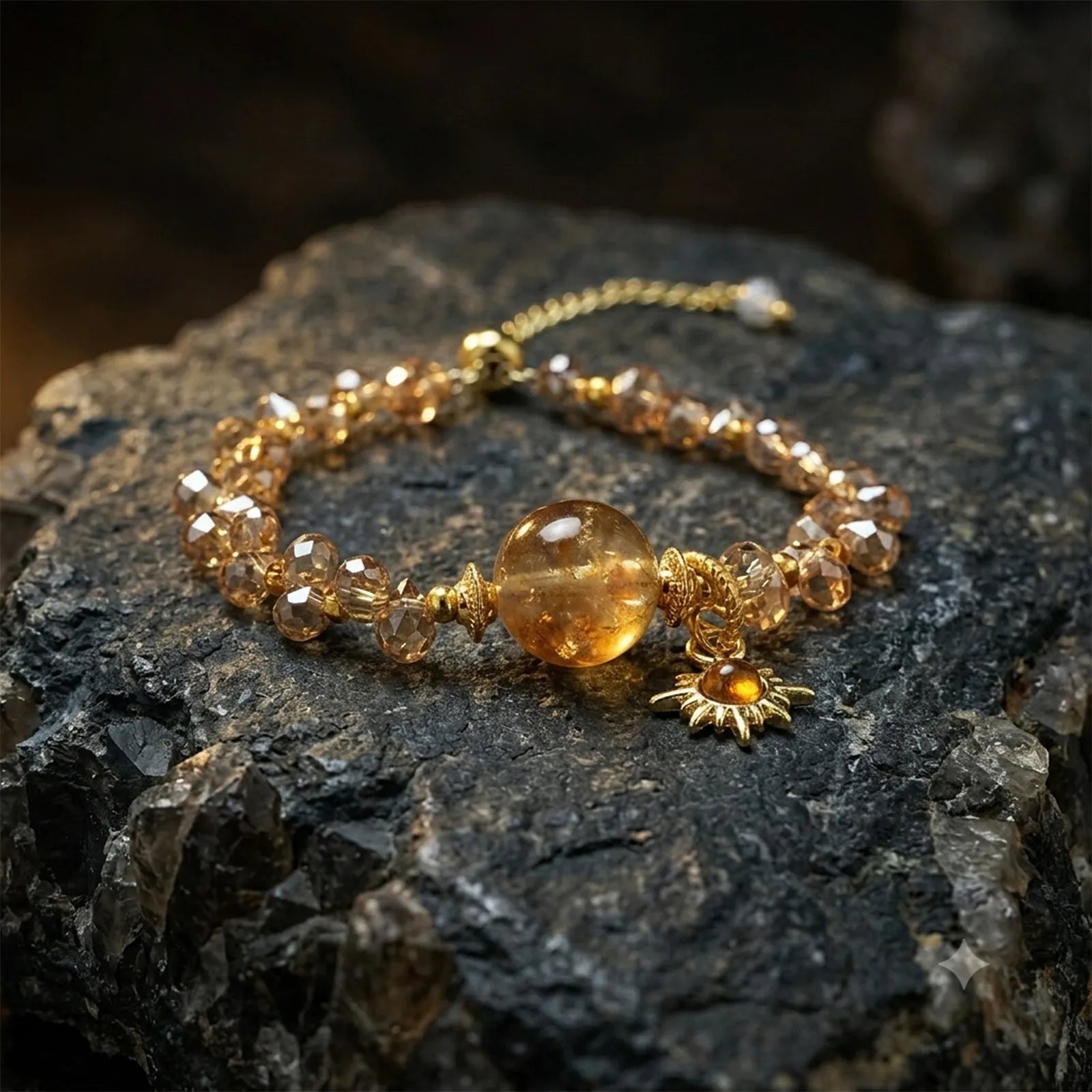 Gold-tone beaded bracelet with amber tangerine quartz center and sun charm